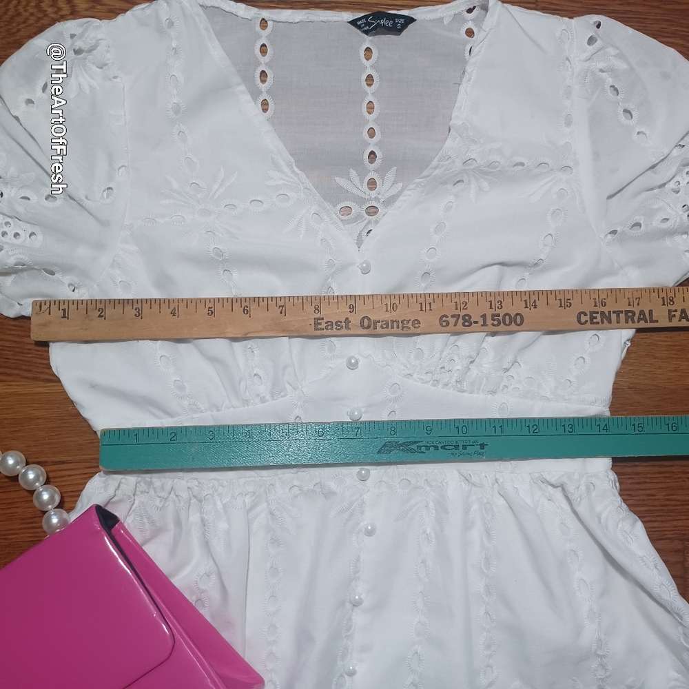 SIMPLEE Puff Sleeve Split Hem Gorgeous White Schiffy Dress - Picture 11 of 14